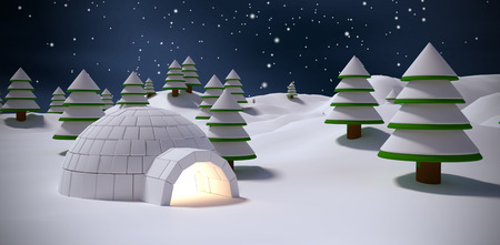 Igloo with trees on snow field against blue sky with clouds