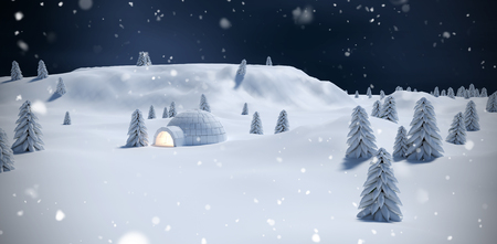 Illuminated igloo with trees on snow field against blue sky with clouds