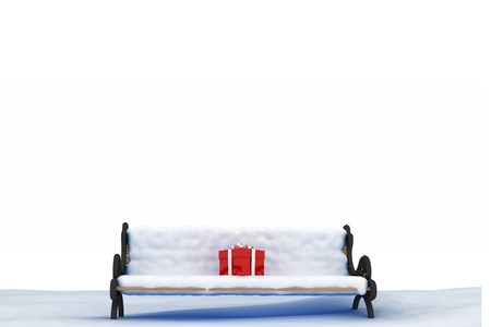 Digitally generated image of gift boxes on park bench against white backgroundの写真素材