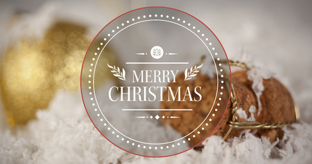Banner and logo saying merry christmas against close-up of champagne corkの写真素材