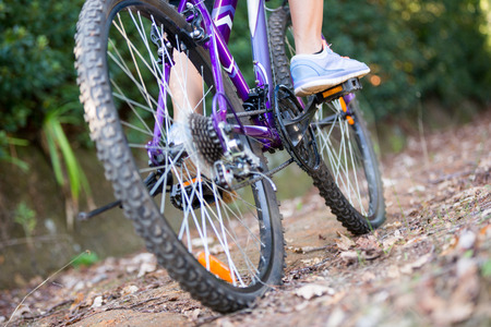 Low section of female cyclist cycling in countryside