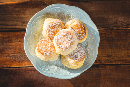 Sweet food on plate in cafeteriaの写真素材