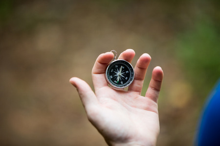 Close-up of hand holding compass in forestの写真素材