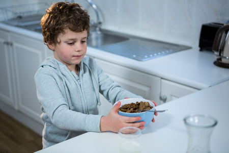 Boy having breakfast in the kitchen at homeの写真素材