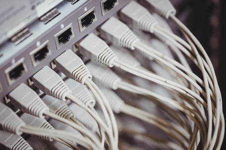Close-up of rack mounted server in server room