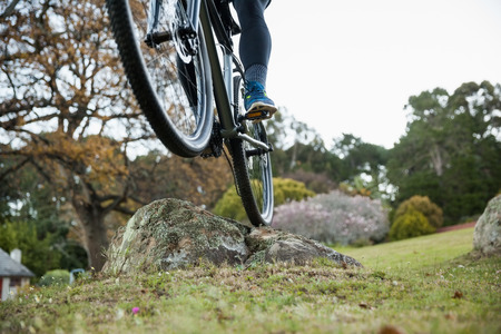 Male mountain biker riding bicycle in the forest on a sunny dayの写真素材