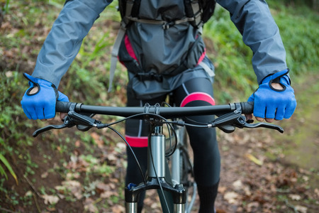 Mid section of male mountain biker riding bicycle in the forestの写真素材