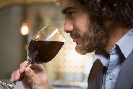 Businessman having glass of red wine in barの写真素材