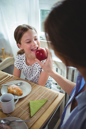 Mother feeding apple to her daughter while having breakfast at homeの写真素材