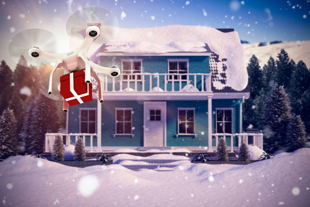 Digitally generated image of quadcopter with red gift box against stars twinkling in night skyの写真素材