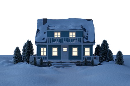 Illuminated house covered in snow against white backgroundの写真素材