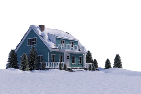 Snow covered house with trees against white backgroundの写真素材