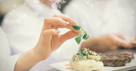 Snowflakes against female chef garnishing a plate with steakの写真素材