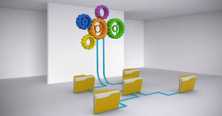Digital image of yellow folders connected with gears against abstract roomの写真素材