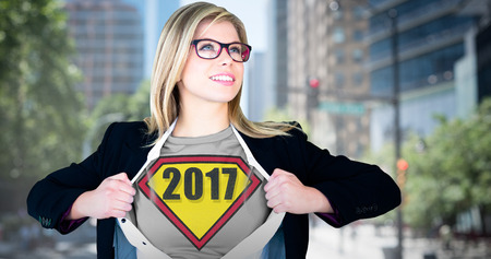 Businesswoman opening shirt in superhero style against blur view of a modern city