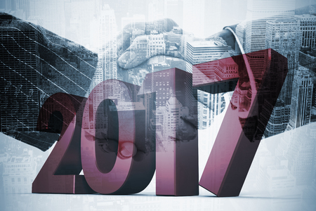 Illustration of numbers in red against composite image of business people shaking handsの写真素材