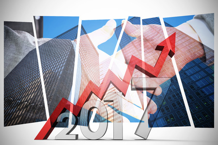 Digitally generated image of number with arrow against business people going to shake their handsの写真素材