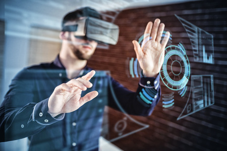 Digitally generated image of dashboard interface against man wearing virtual glass