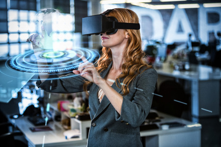 Digitally generated image of earth with light trail against businesswoman using virtual reality...
