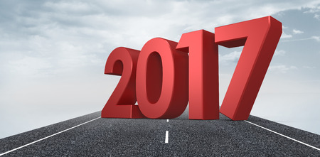 Illustration of numbers in red against cloudy landscape background with streetの写真素材