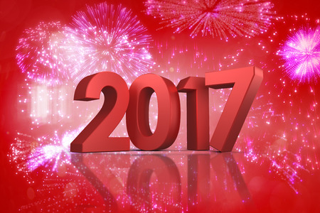 Composite image of number in red against colourful fireworks exploding on black backgroundの写真素材