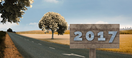 Digital image of new year 2017 against road leading out to the horizon
