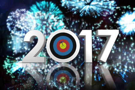 Composite image of number with sports target against colourful fireworks exploding on black...