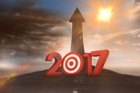 Blurry animated flare against road turning into arrowの写真素材