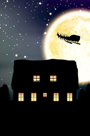 Illuminated house covered in snow against composite image of full moonの写真素材
