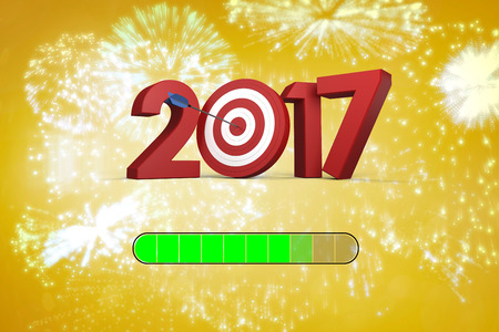 Numbers with bulls eye arrow against colourful fireworks exploding on black background