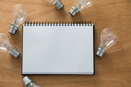 Blank diary with light bulbs on wooden tableの写真素材