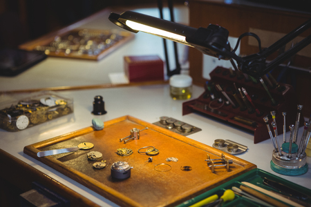 Parts of watch for repair in workshopの写真素材