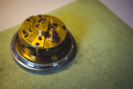 Close-up of watch parts in workshop