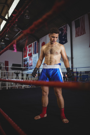 Boxer standing in boxing ring at fitness studioの写真素材