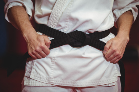 Mid section of karate player in black beltの写真素材