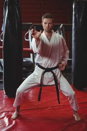 Karate player performing karate stance in fitness studioの写真素材