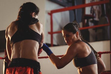 Two female boxers fighting in the ring at fitness studioの写真素材
