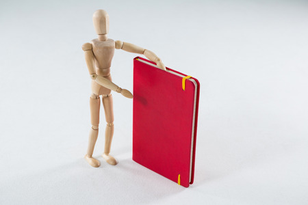 Wooden figurine showing a book against white backgroundの写真素材