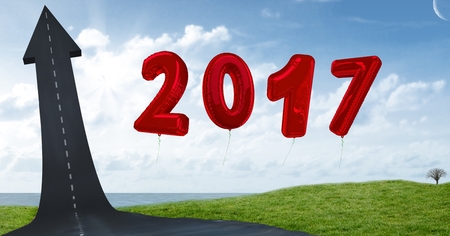 2017 against a composite image 3D of road leading towards blue sky