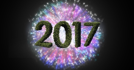 2017 made of green grass against composite image 3D of fireworks at nightの写真素材