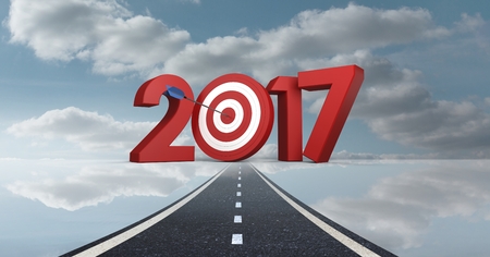 Darts target as 2017 against a composite image 3D of road in sky