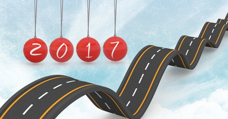 2017 against a composite image 3D of bumpy road in sky