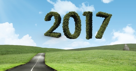 2017 in grass against a composite image 3D of road surrounded by grasslandの写真素材