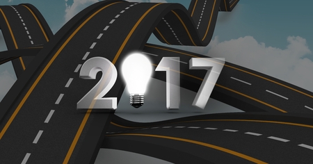 2017 text containing light bulb against a composite image 3D of overlapping bumpy roads