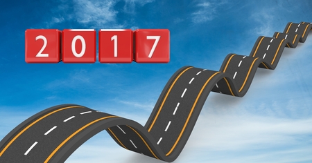 2017 on composite image 3D of bumpy roads in blue sky