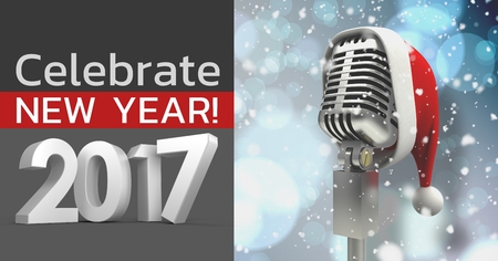 Composite image 3D of 2017 new year sign and santa hat on microphone against snowy background