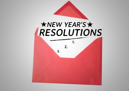List of new year resolution goals in red envelope against white background