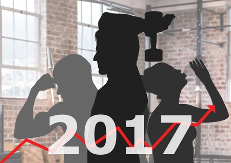 Composite image of 2017 as growth graph with silhouette of people in fitness roomの写真素材