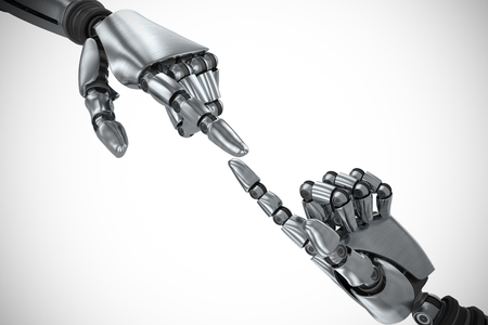 Silver robot arm pointing at something against robotic arm gesturing on white backgroundの写真素材