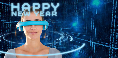 Beautiful young woman using virtual video glasses against illustration of virtual data